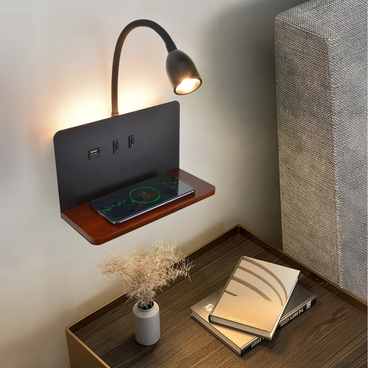 Lampe de chevet Murale Sans fil avec Étagère et Induction - Opale