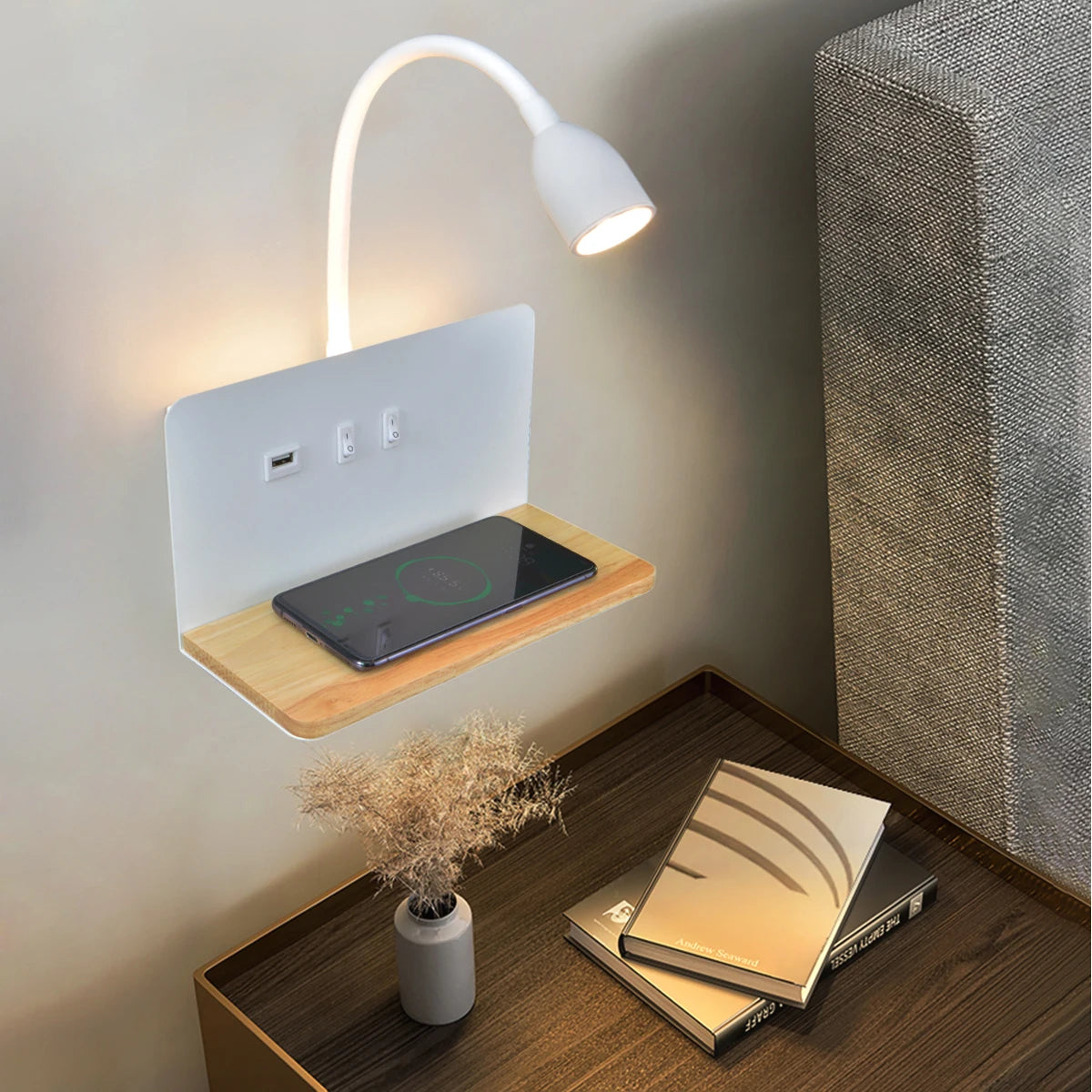 Lampe de chevet Murale Sans fil avec Étagère et Induction - Opale